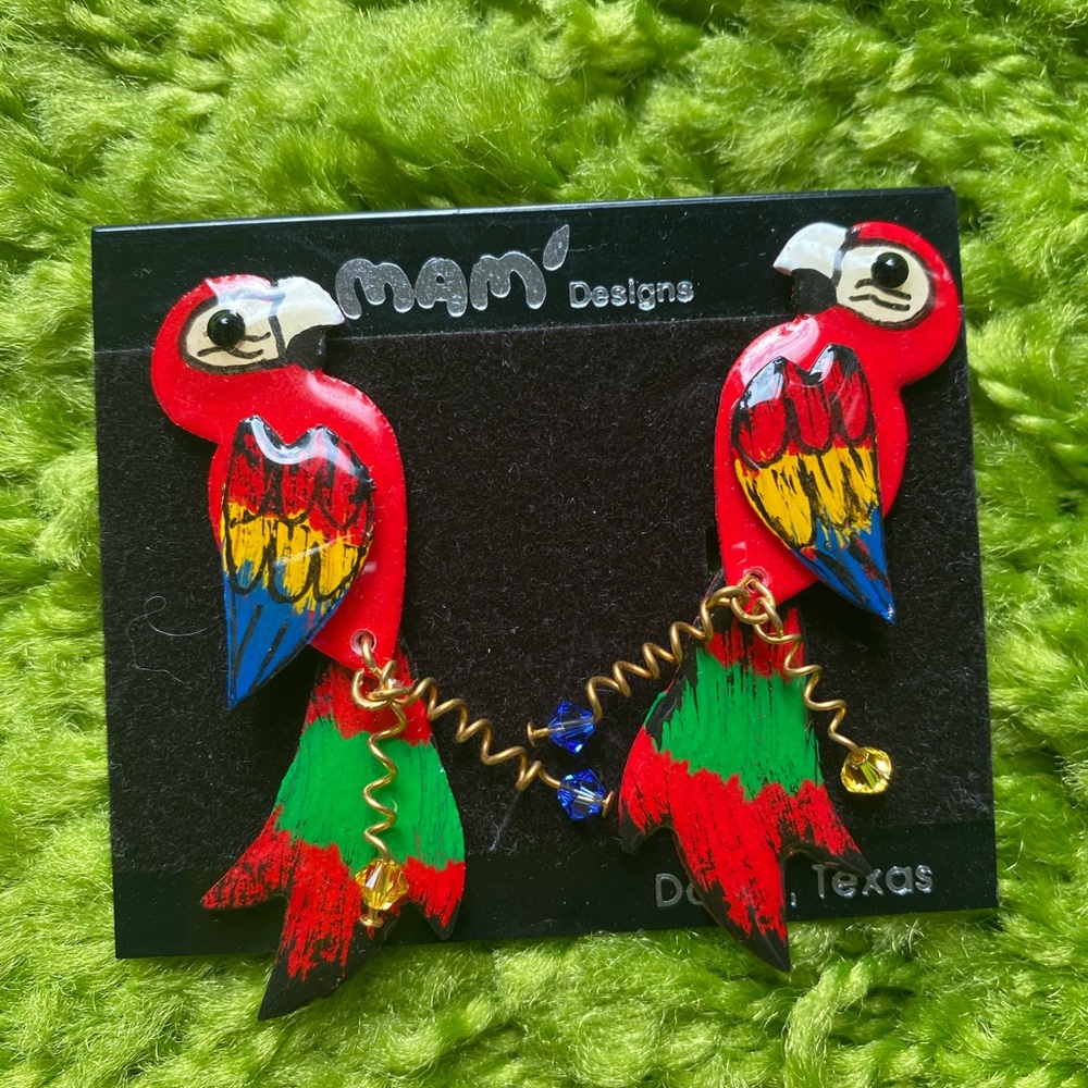 Vintage artisan parrot bold unique bird earrings
